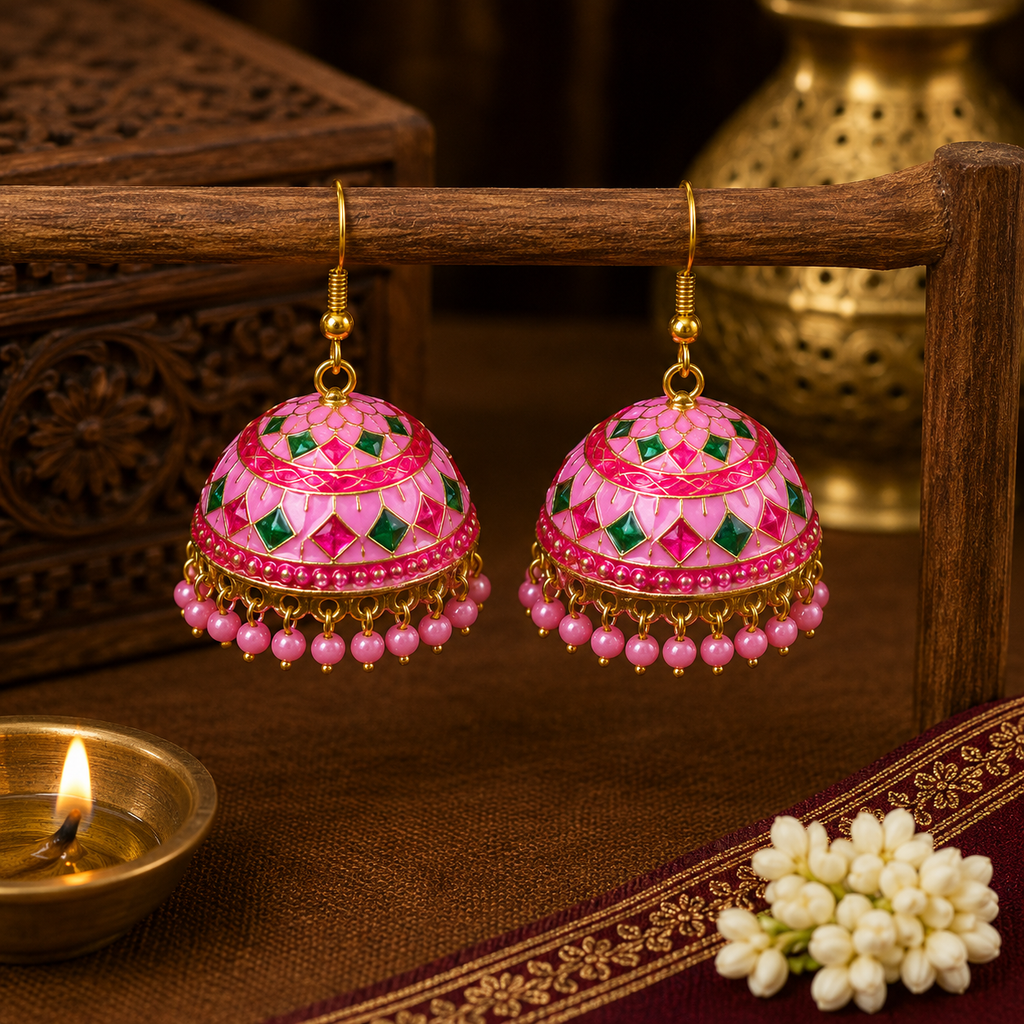 Ethnic Meenakari Pink Jhumka Earrings with Pearl Drops