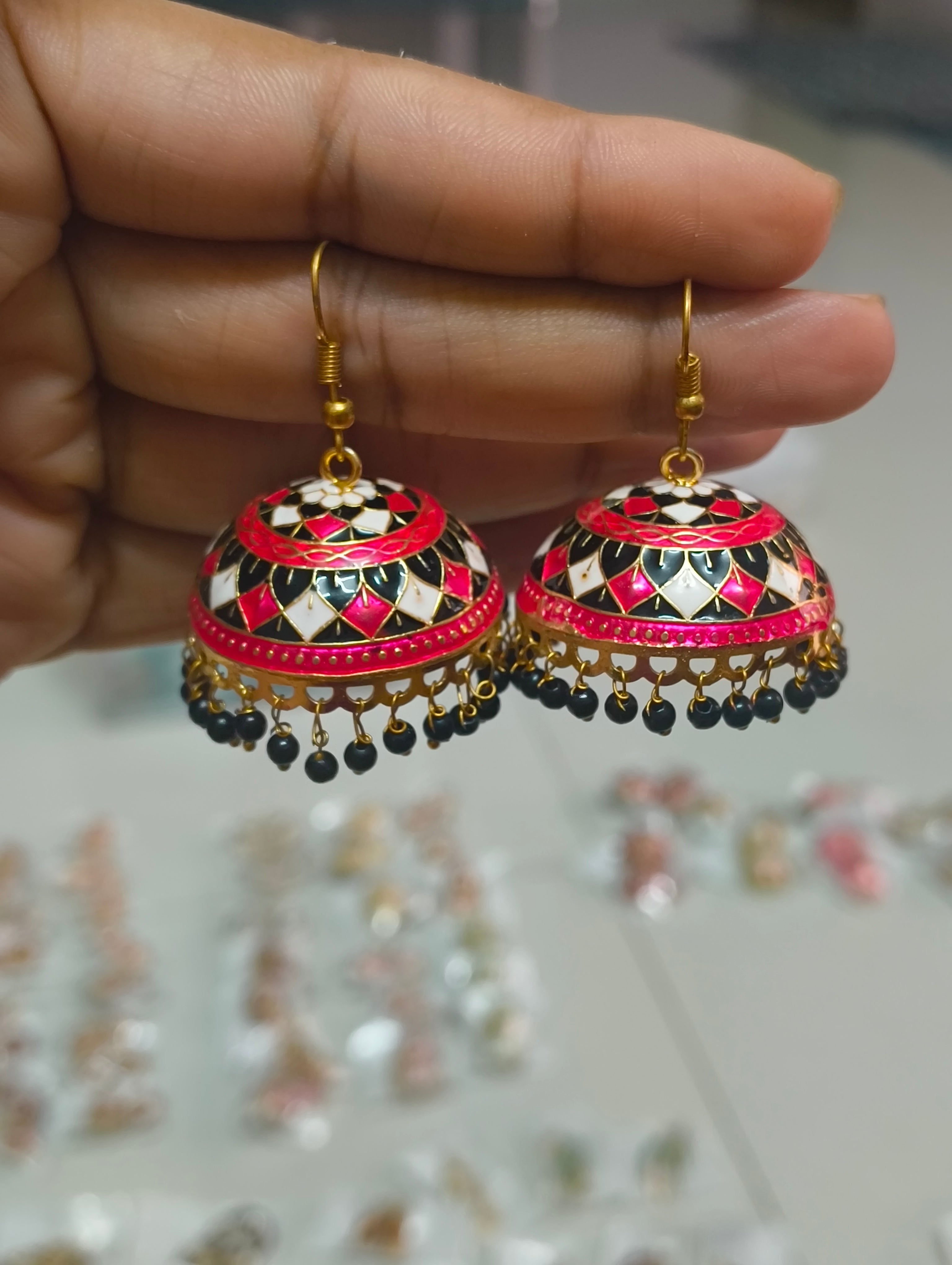Ethnic Black Meenakari Jhumka Earrings with Pearl Drops