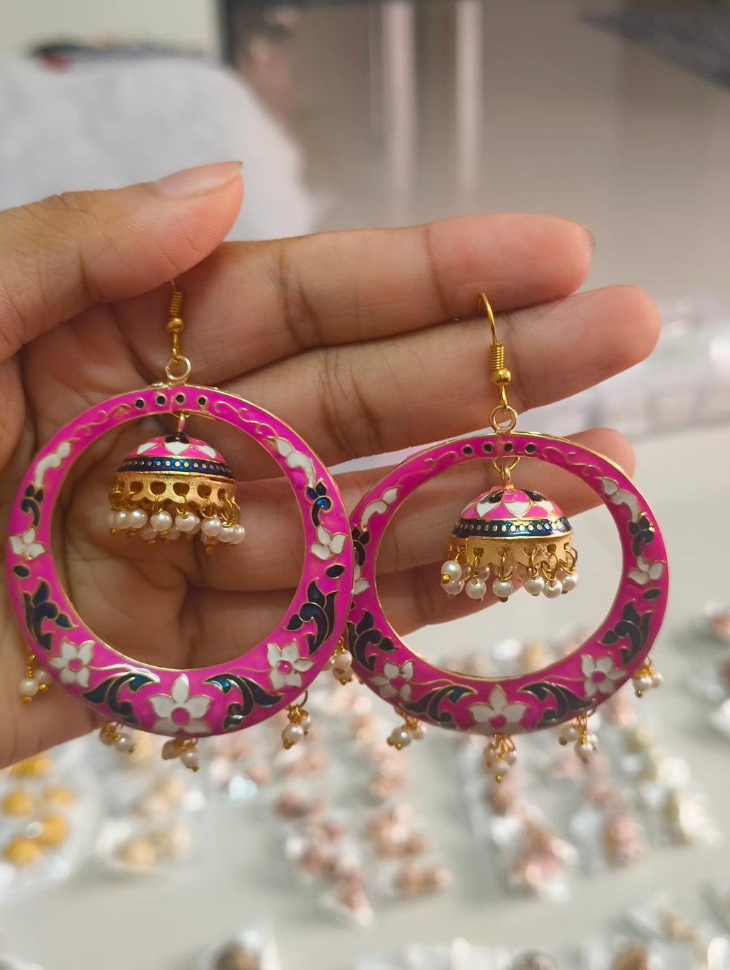 Pink Meenakari Jhumka Hoop Earrings with Pearl Drops