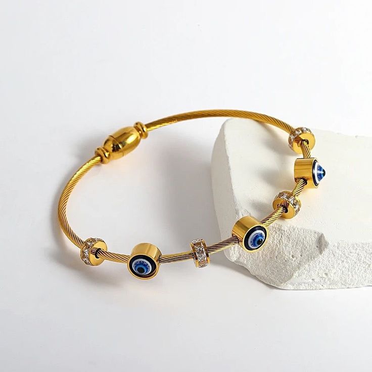 18K Gold Plated Evil Eye Charm Bracelet | Stainless Steel Adjustable Bracelet