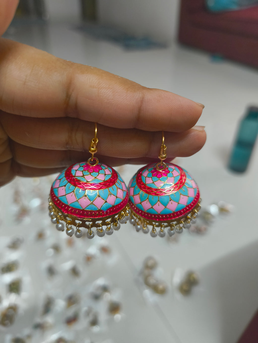 Ethnic Blue Meenakari Jhumka Earrings with Pearl Drops