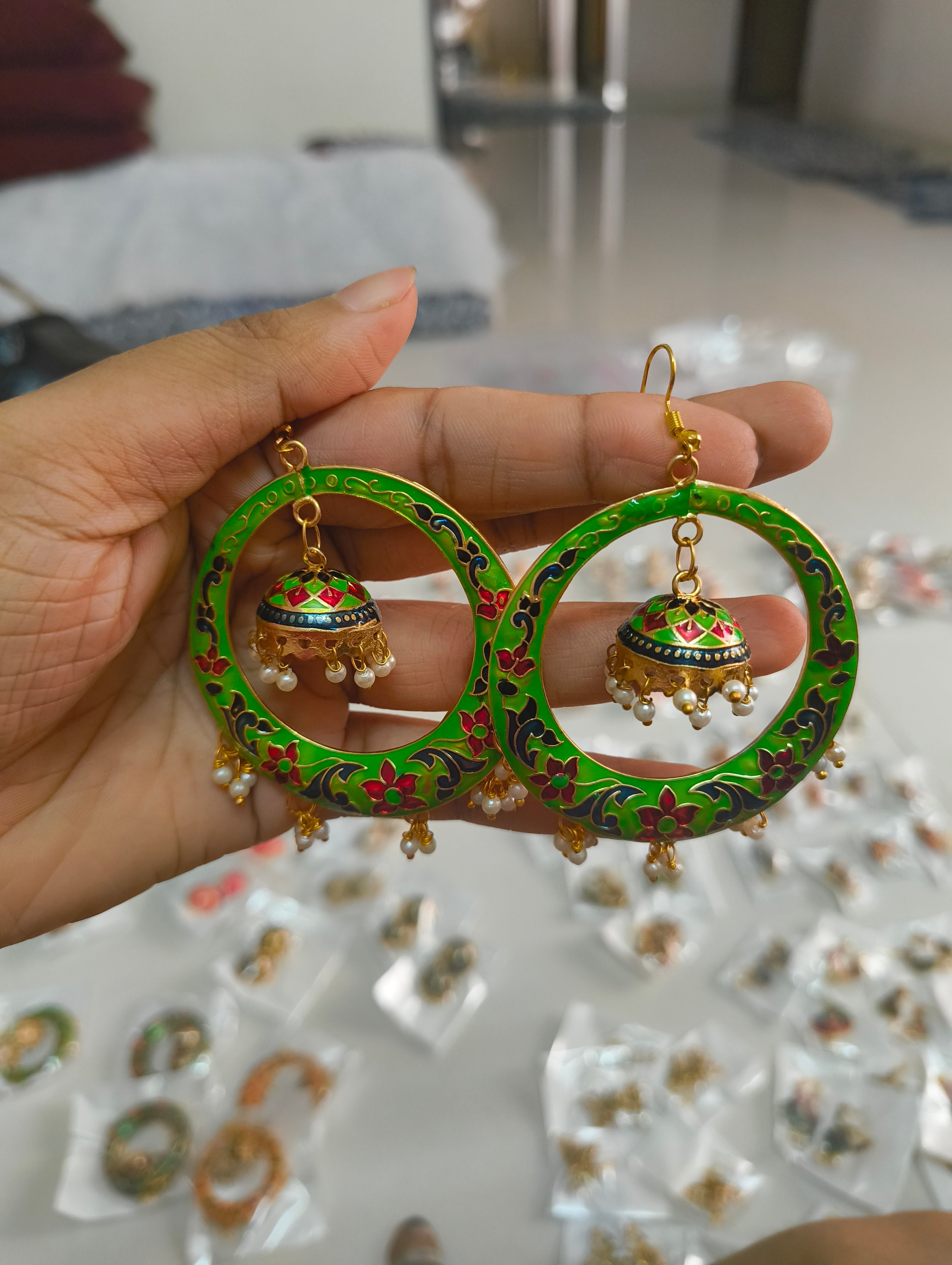 Meenakari Parrot Green Jhumka Hoop Earrings with Pearl Drops