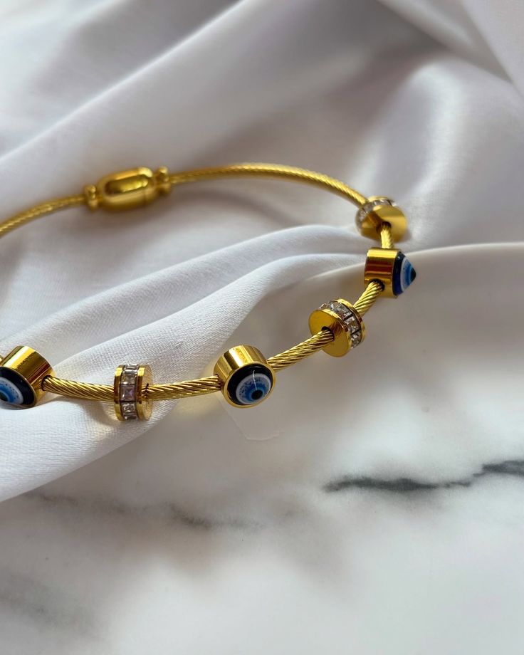18K Gold Plated Evil Eye Charm Bracelet | Stainless Steel Adjustable Bracelet