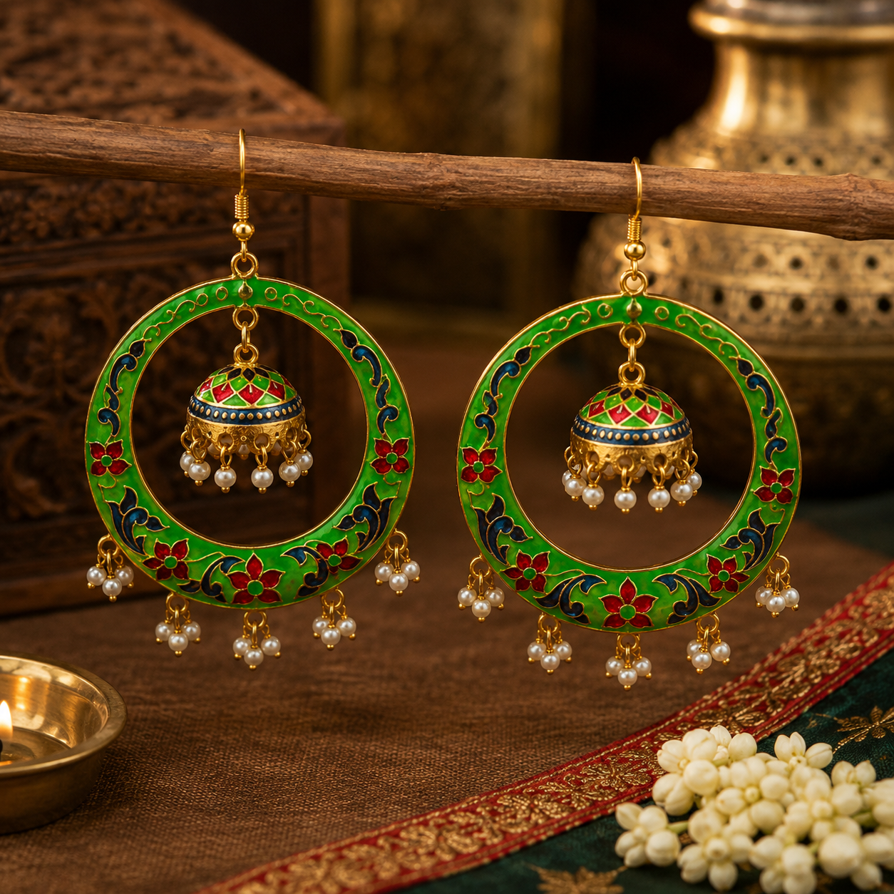 Meenakari Parrot Green Jhumka Hoop Earrings with Pearl Drops
