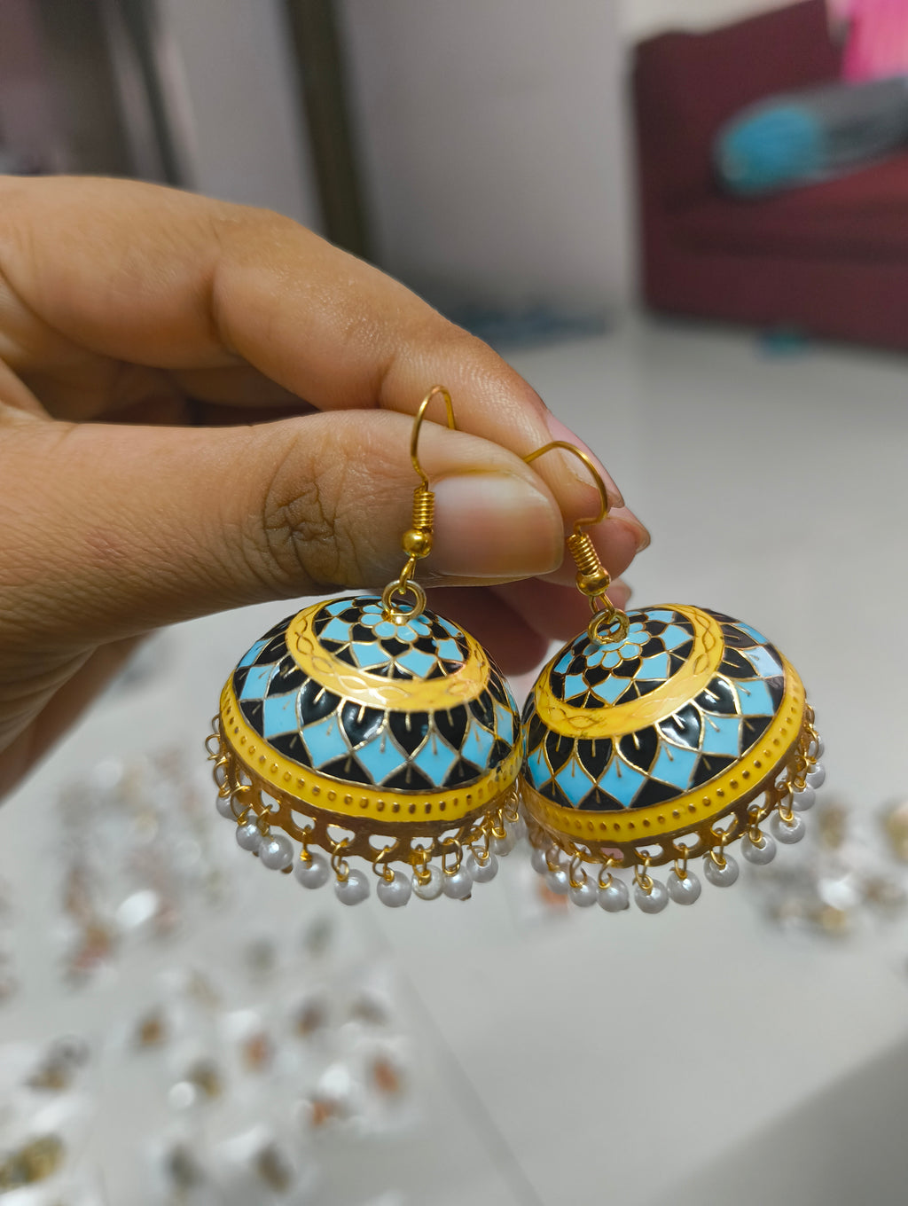 Ethnic Blue-Yellow Meenakari Jhumka Earrings