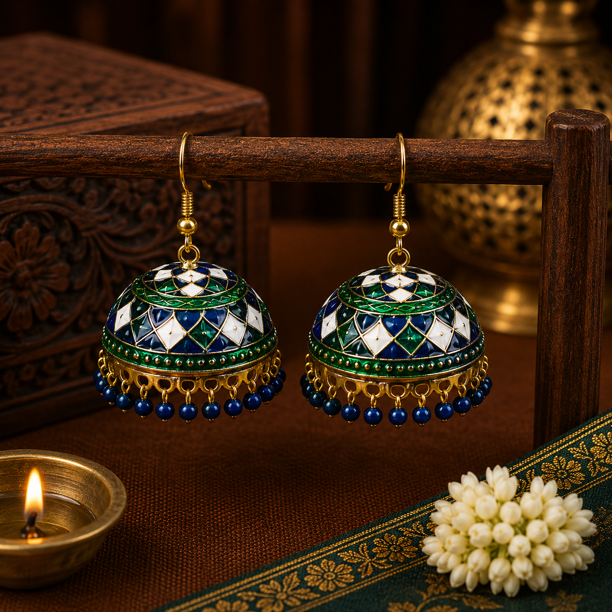 Ethnic Green-Blue Meenakari Jhumka Earrings
