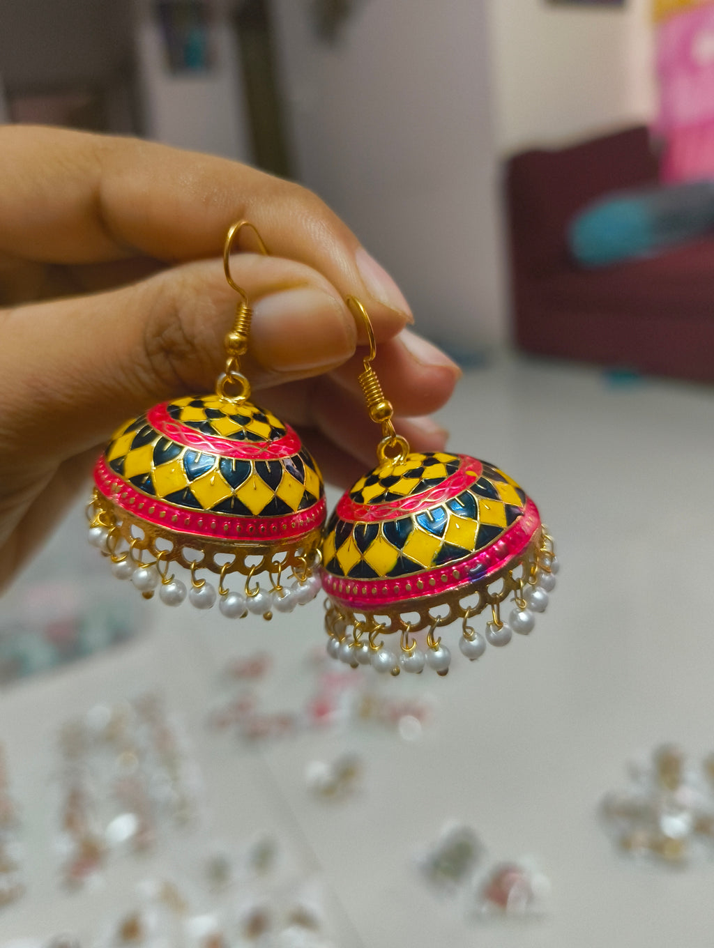 Ethnic Yellow Meenakari Jhumka Earrings