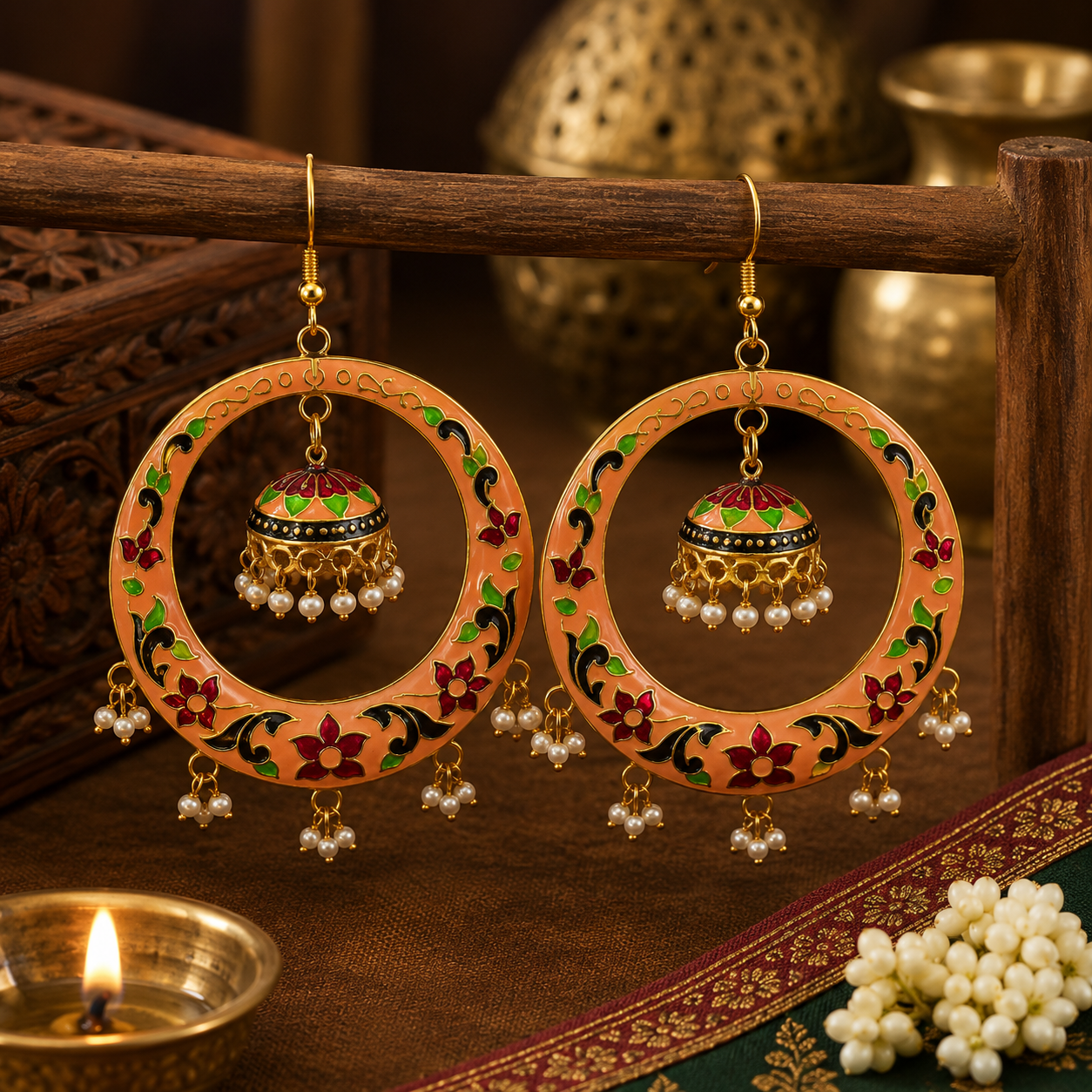 Meenakari Creamy Peach Jhumka Hoop Earrings with Pearl Drops