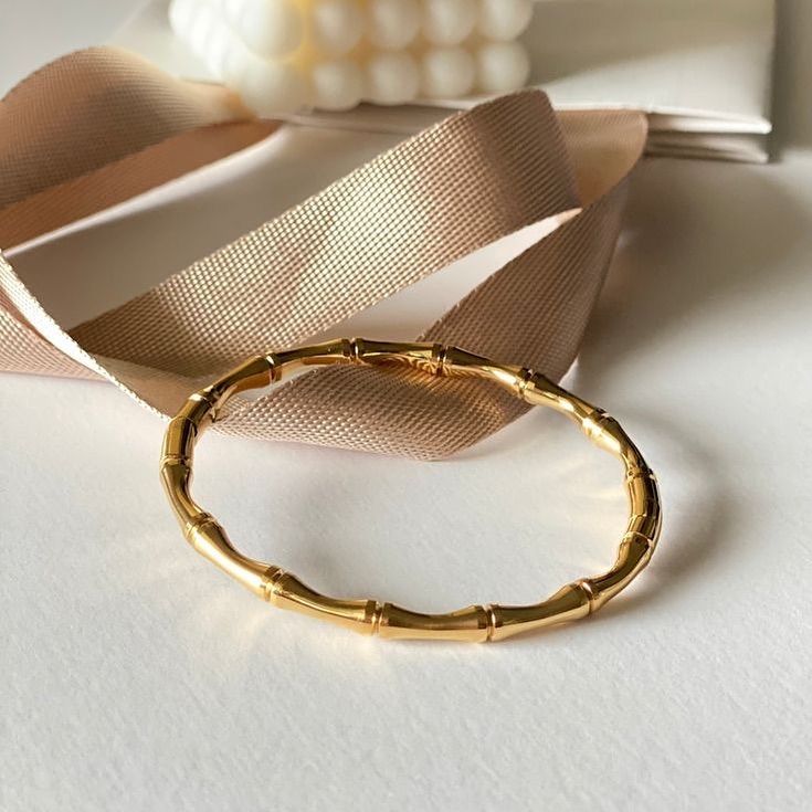 18K Gold Plated Bamboo Design Bangle | Stainless Steel Bracelet