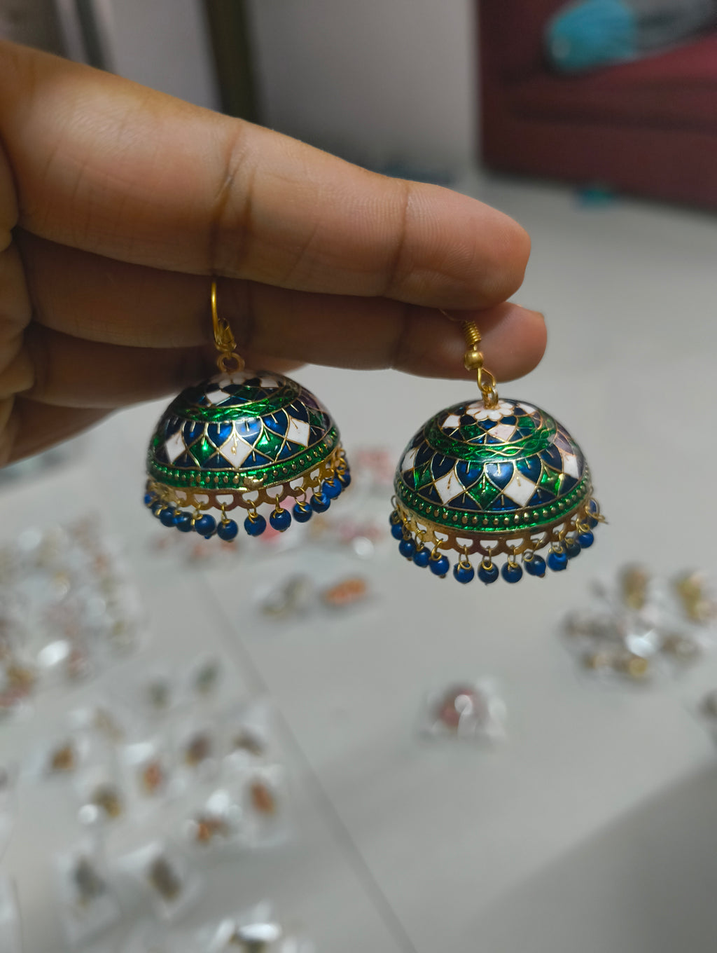 Ethnic Green-Blue Meenakari Jhumka Earrings