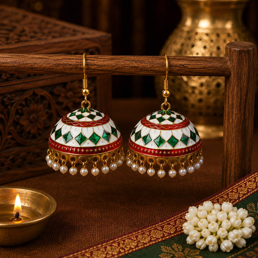 Ethnic White Meenakari Jhumka Earrings with Pearl Drops