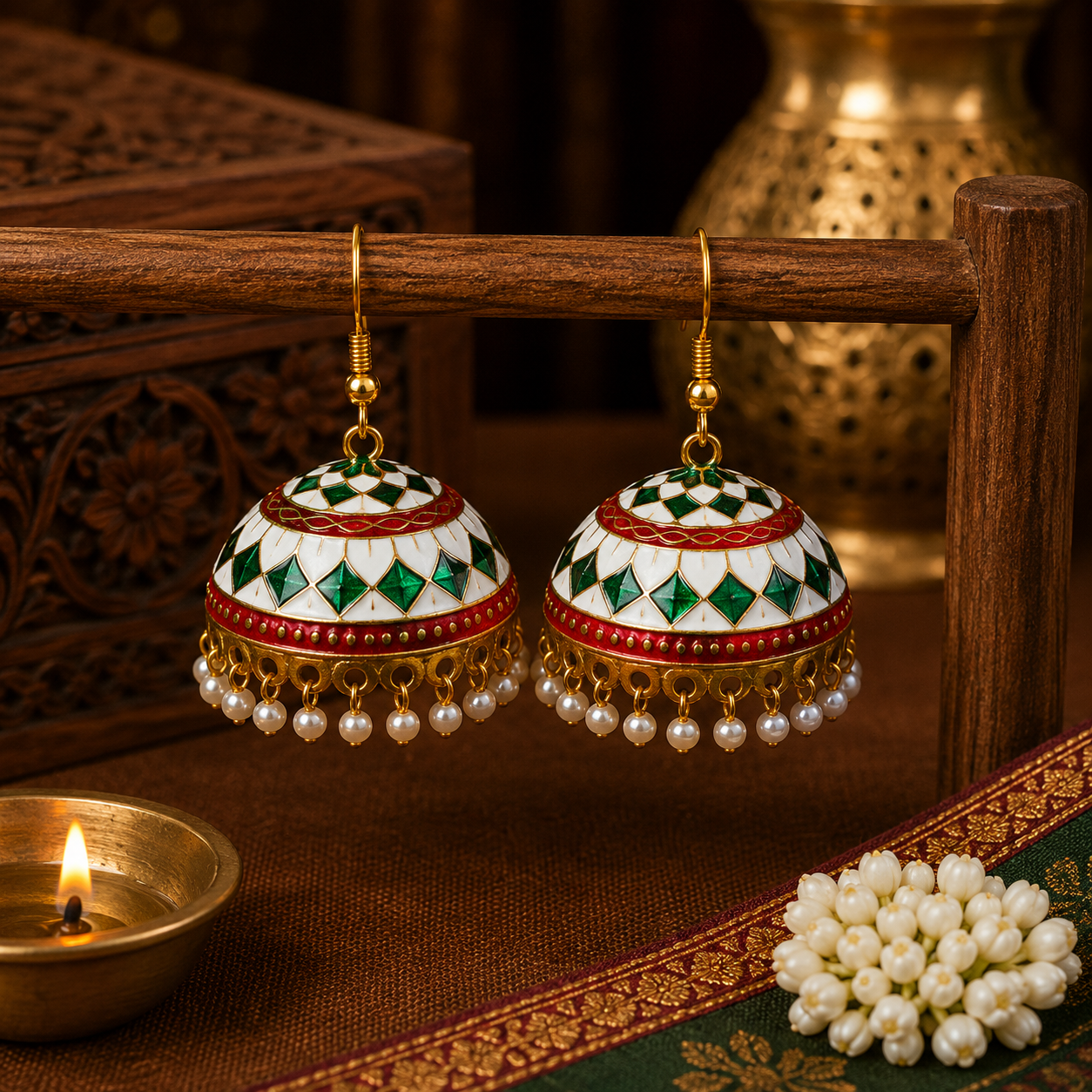 Ethnic White Meenakari Jhumka Earrings with Pearl Drops