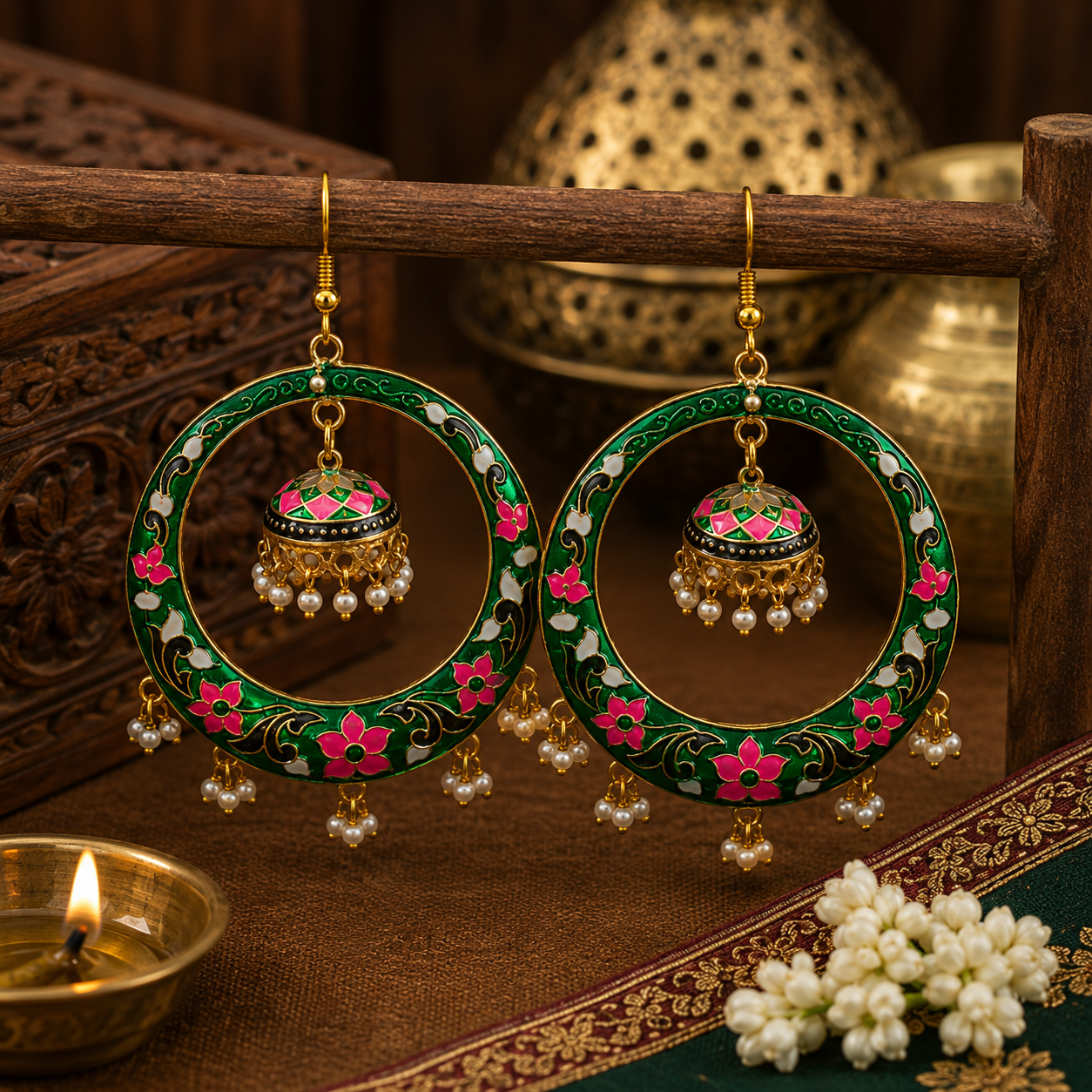 Meenakari Bottle Green Jhumka Hoop Earrings with Pearl Drops
