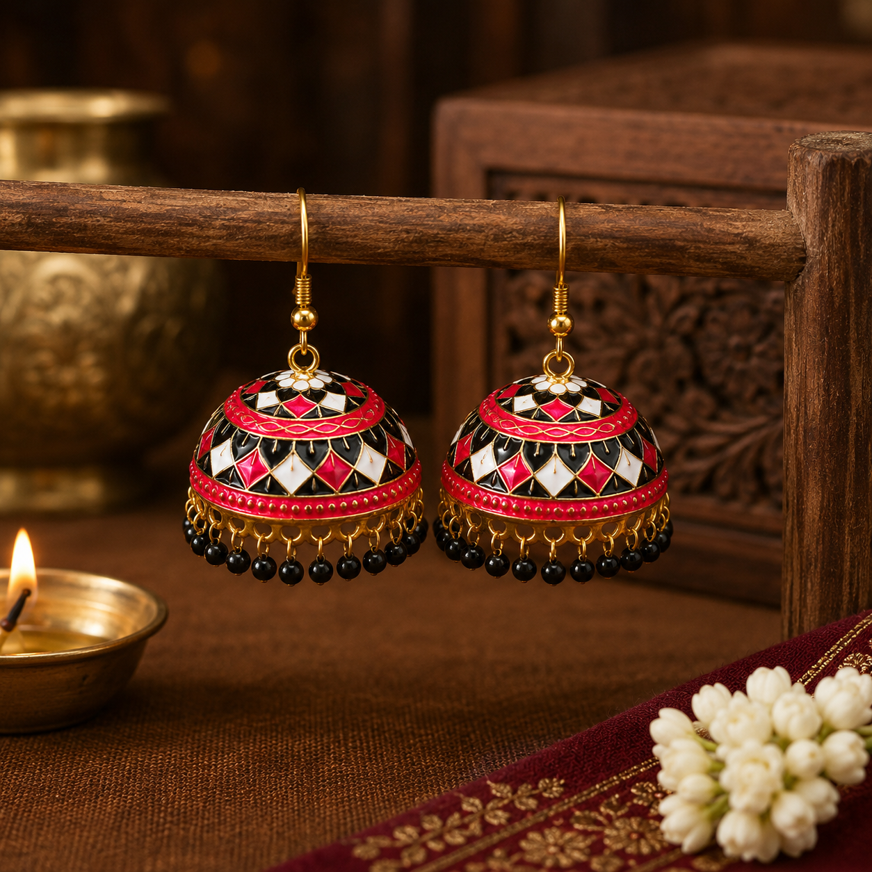 Ethnic Black Meenakari Jhumka Earrings with Pearl Drops
