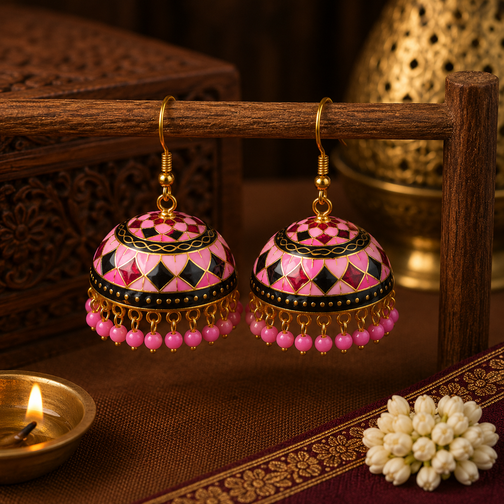 Ethnic Pink-Black Meenakari Jhumka Earrings