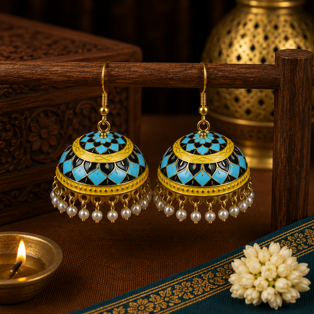 Ethnic Blue-Yellow Meenakari Jhumka Earrings