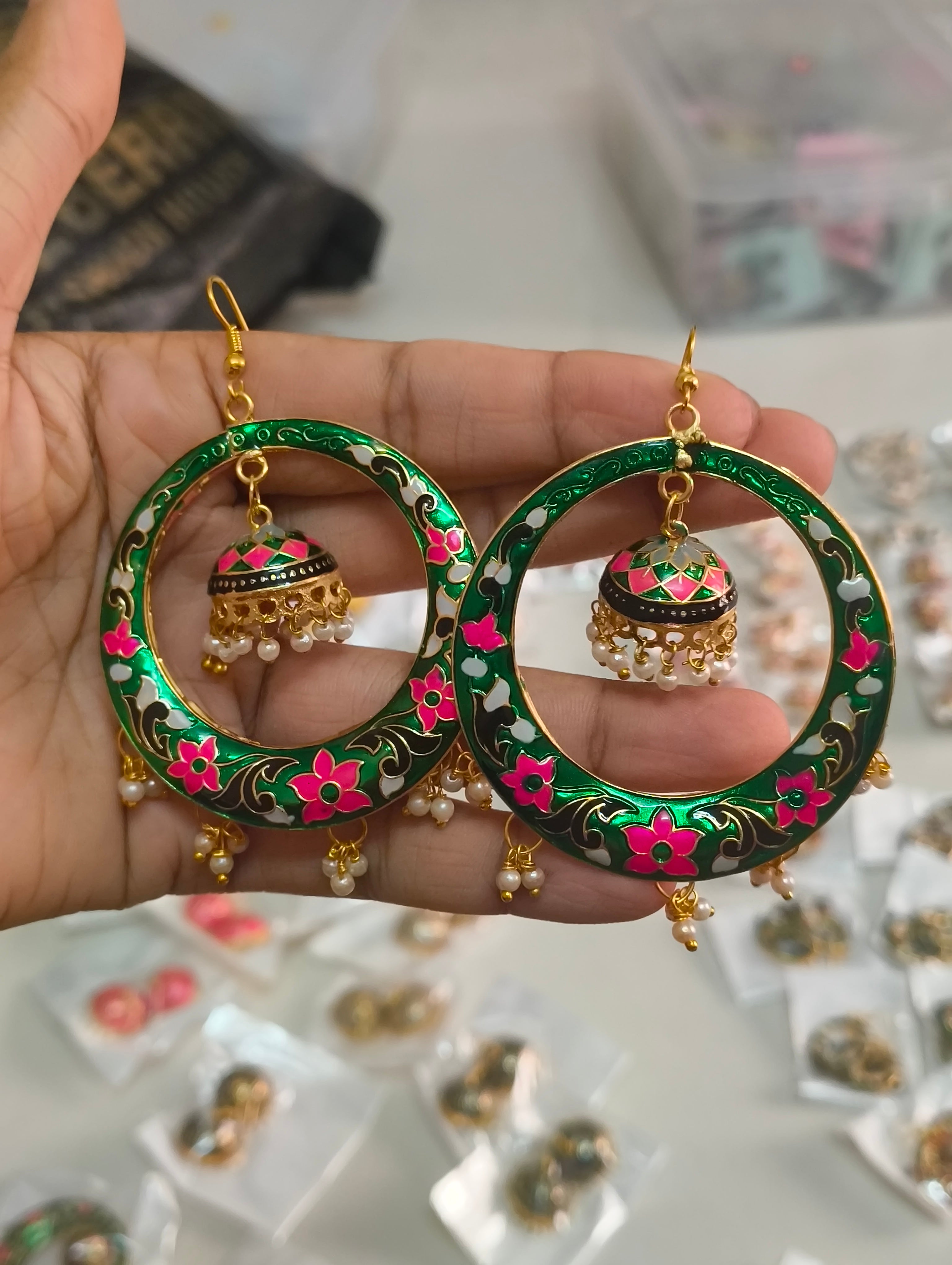 Meenakari Bottle Green Jhumka Hoop Earrings with Pearl Drops