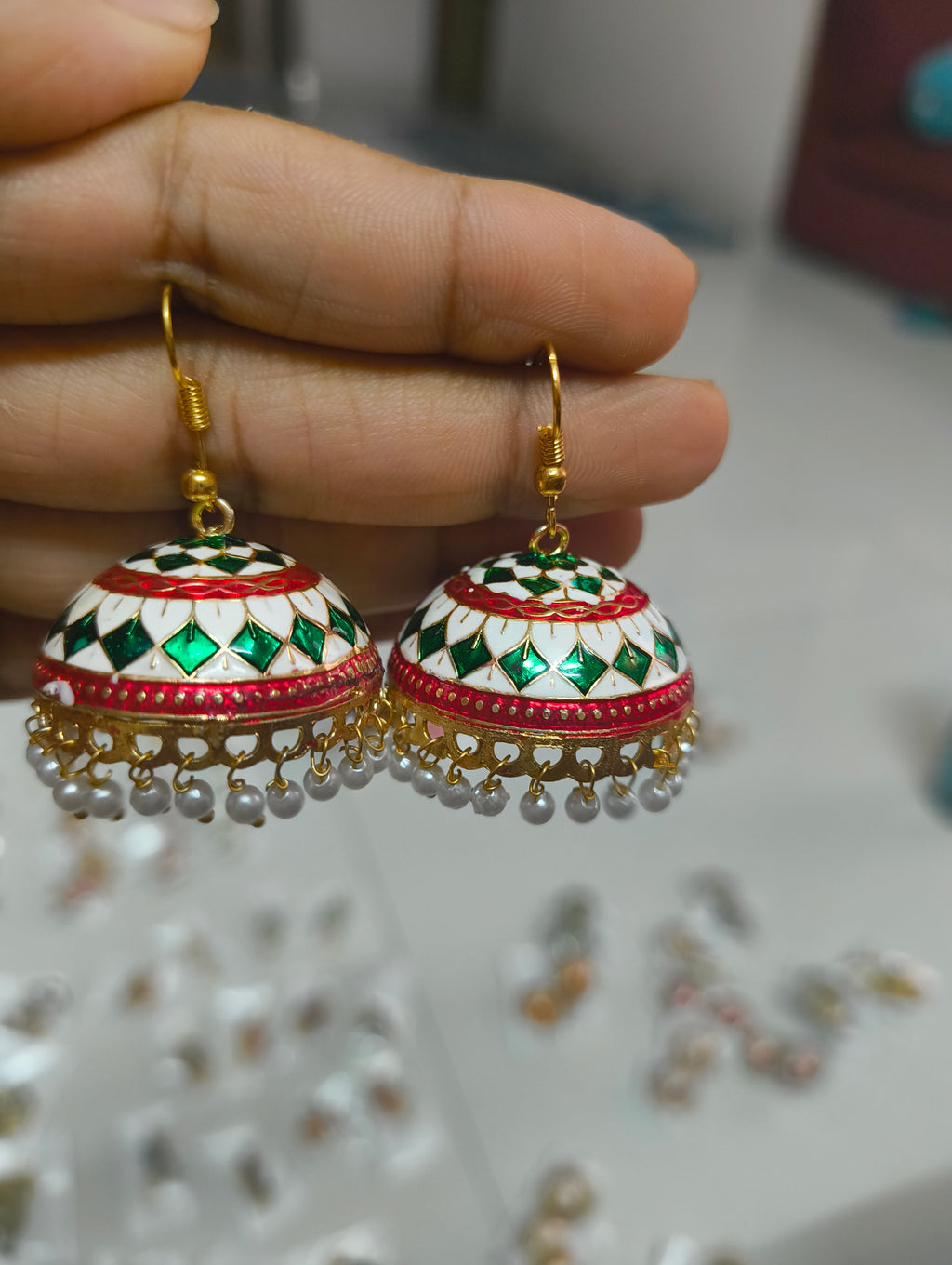 Ethnic White Meenakari Jhumka Earrings with Pearl Drops