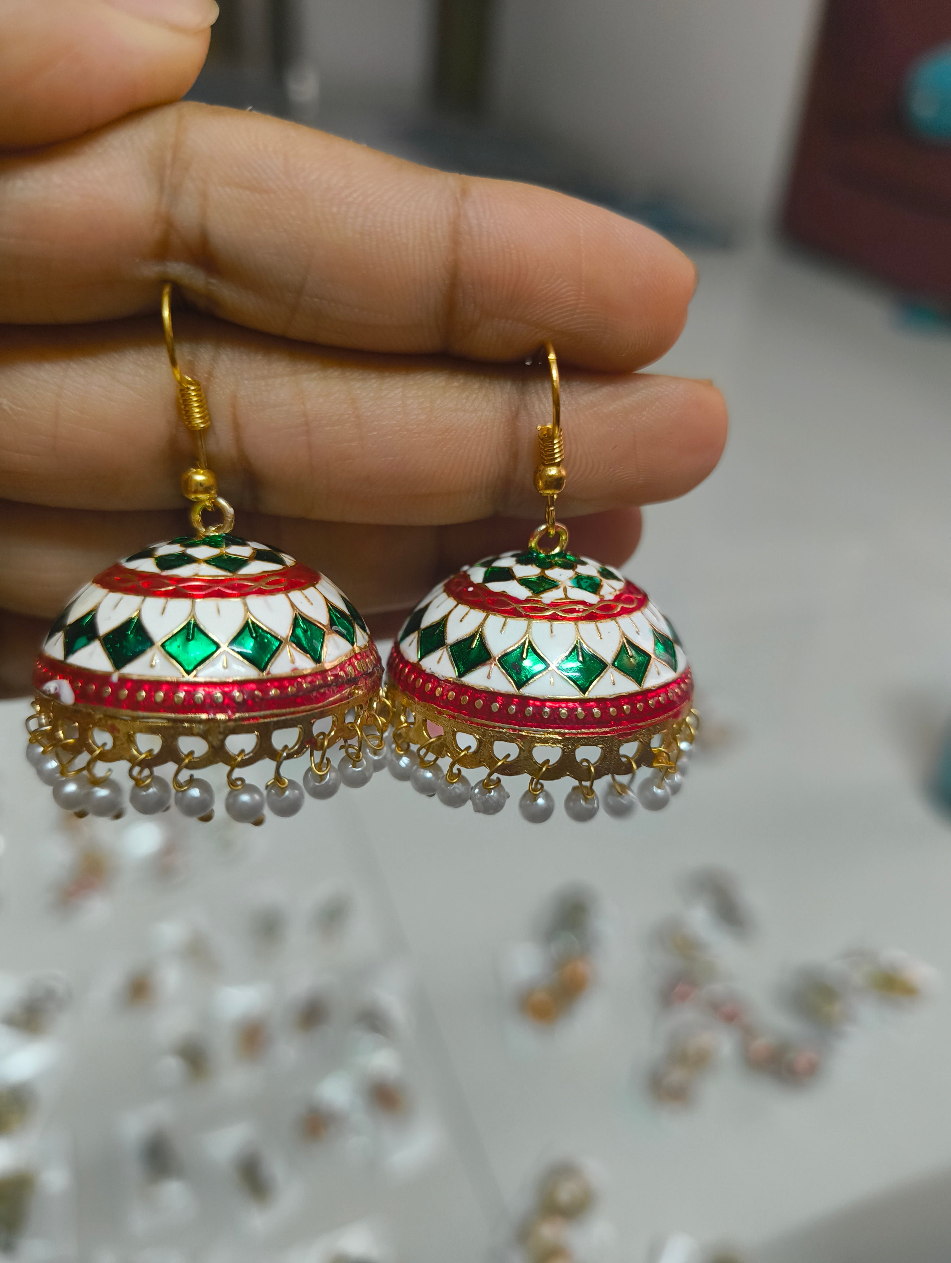 Ethnic White Meenakari Jhumka Earrings with Pearl Drops