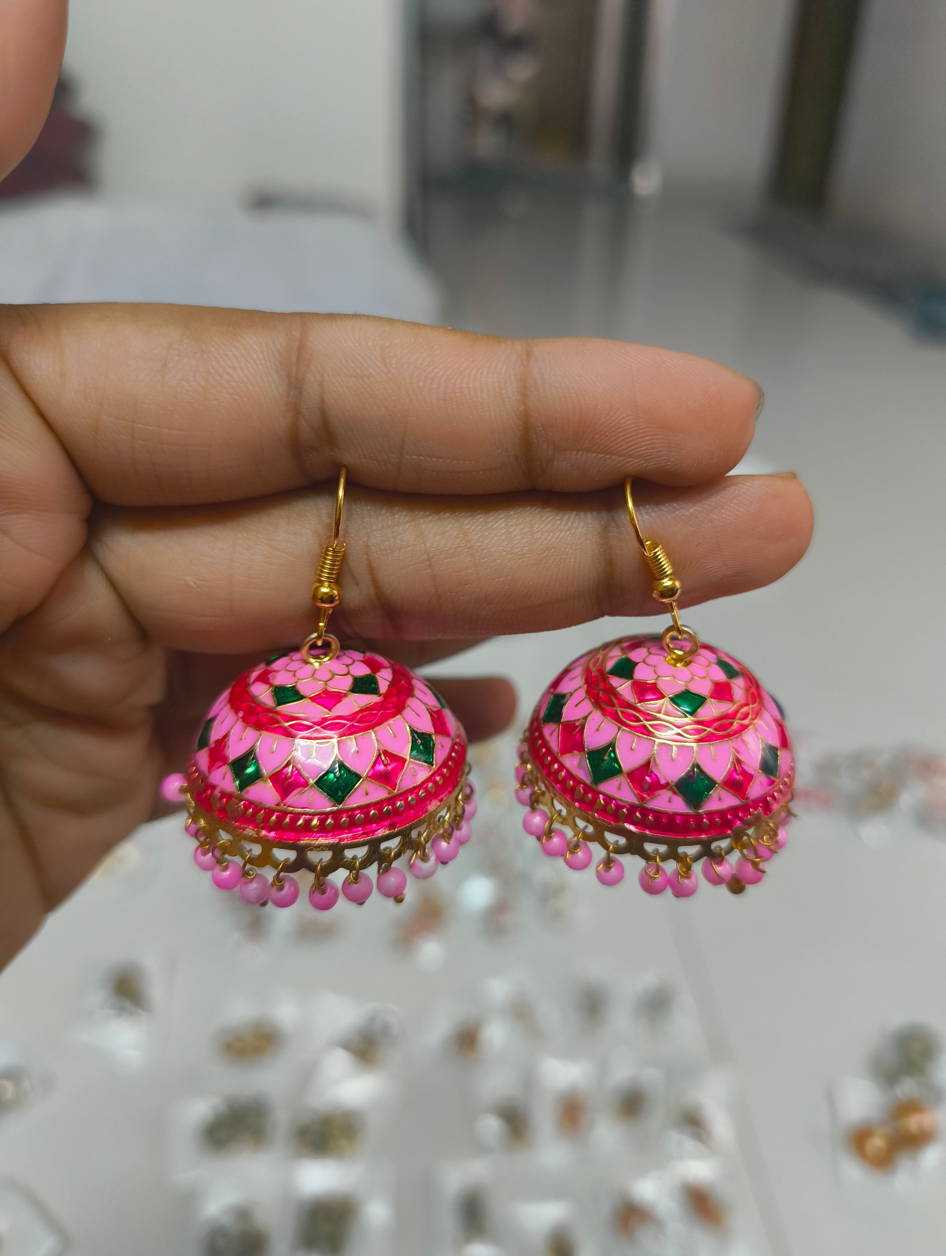 Ethnic Meenakari Pink Jhumka Earrings with Pearl Drops