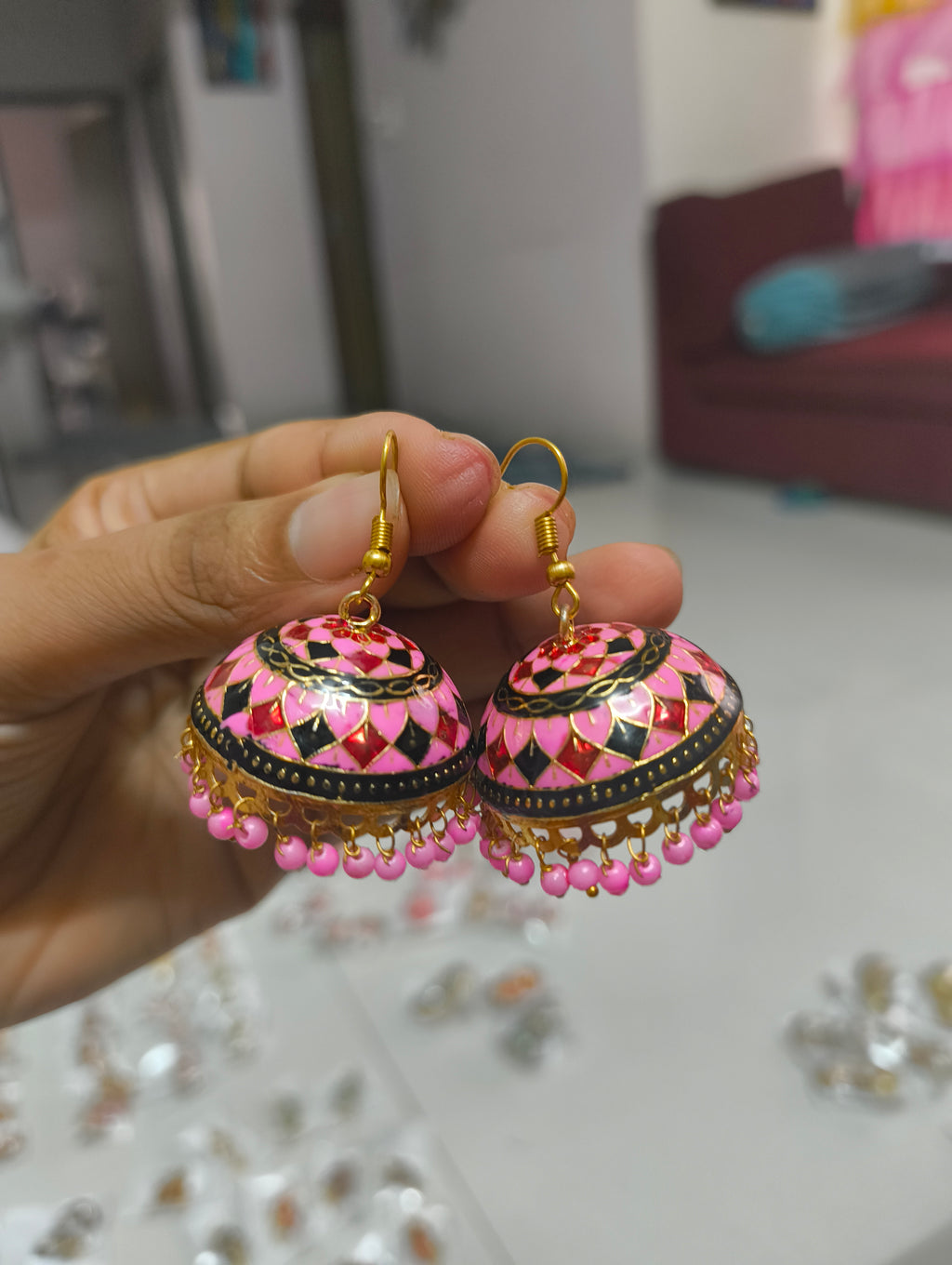 Ethnic Pink-Black Meenakari Jhumka Earrings