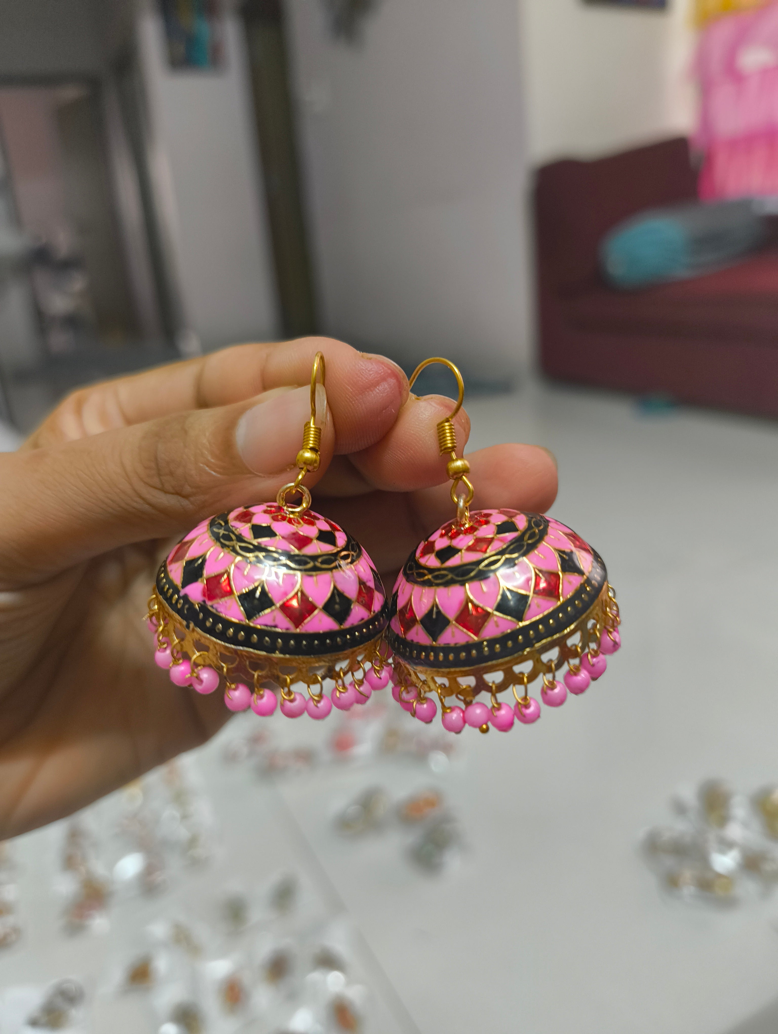 Ethnic Pink-Black Meenakari Jhumka Earrings