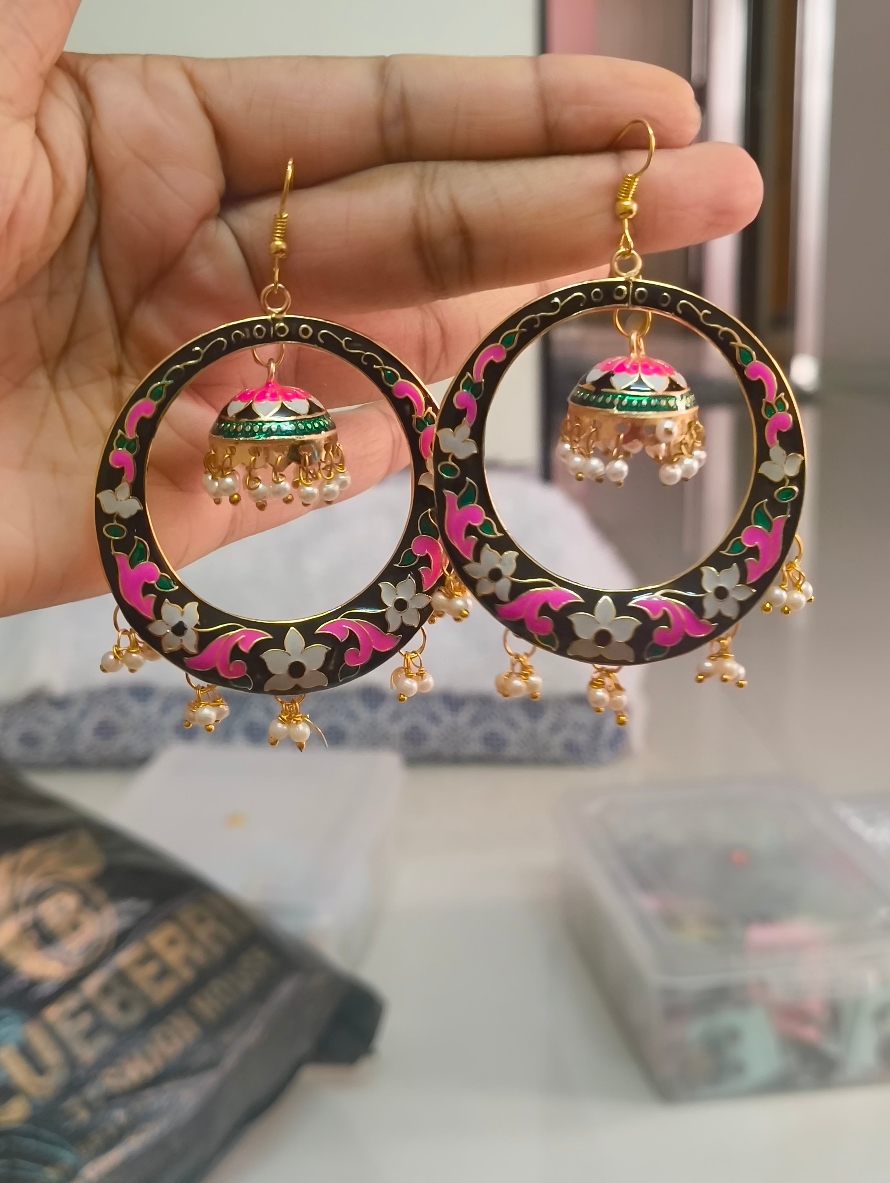 Meenakari Jhumka Hoop Earrings with Pearl Drops