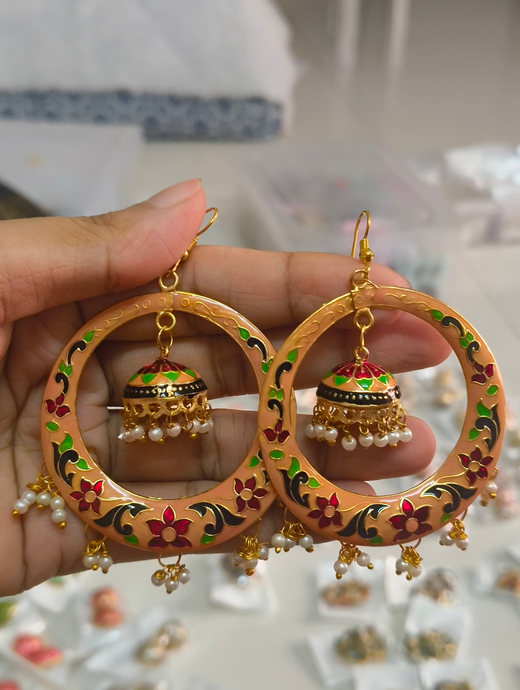 Meenakari Creamy Peach Jhumka Hoop Earrings with Pearl Drops