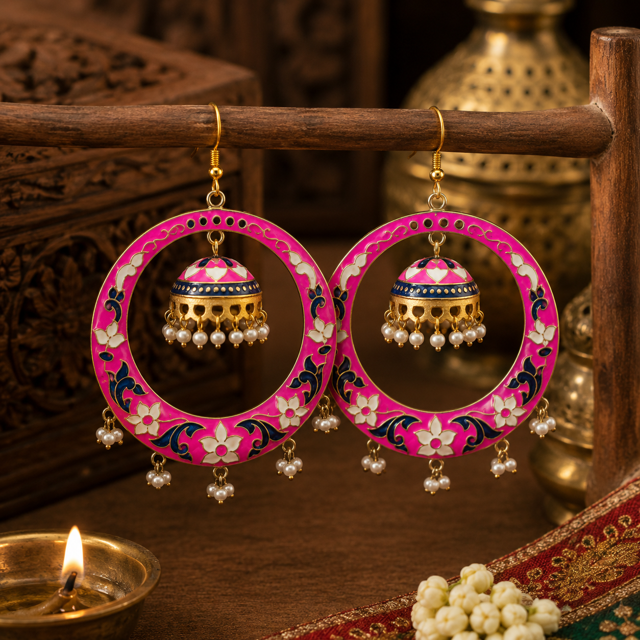 Meenakari Jhumka Hoop Earrings with Pearl Drops