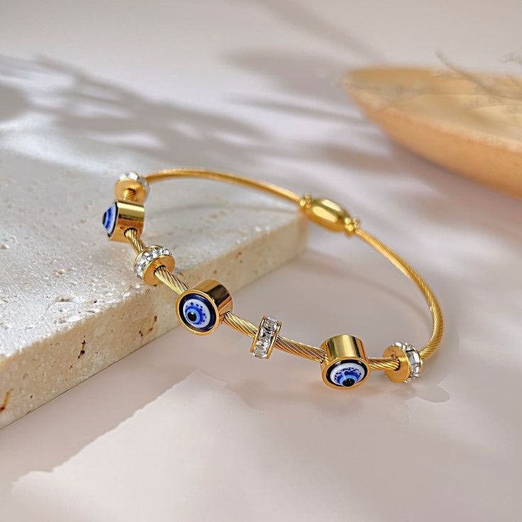 18K Gold Plated Evil Eye Charm Bracelet | Stainless Steel Adjustable Bracelet