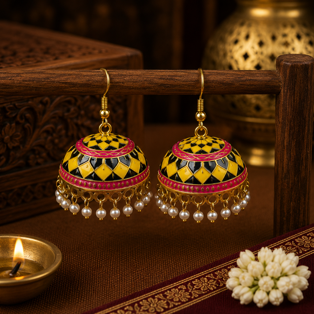 Ethnic Yellow Meenakari Jhumka Earrings