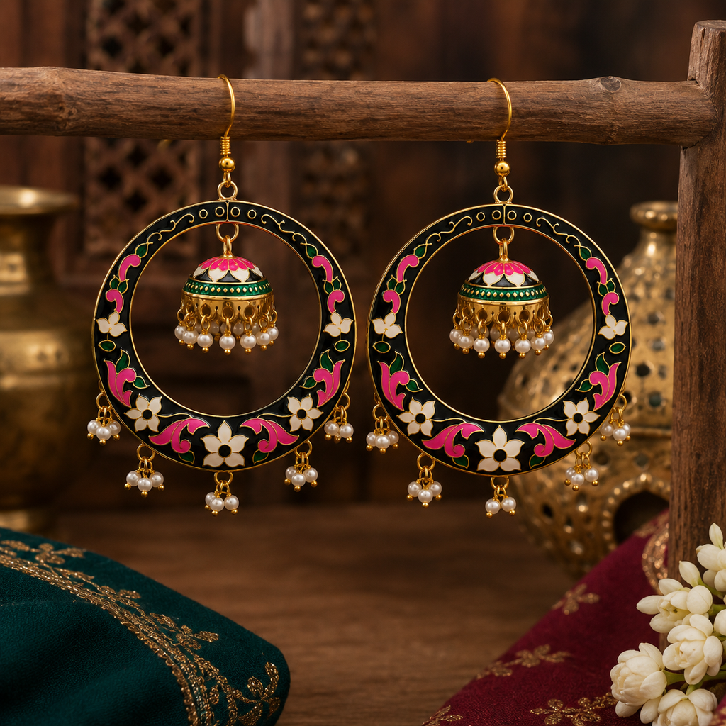 Meenakari Black Jhumka Hoop Earrings with Pearl Drops