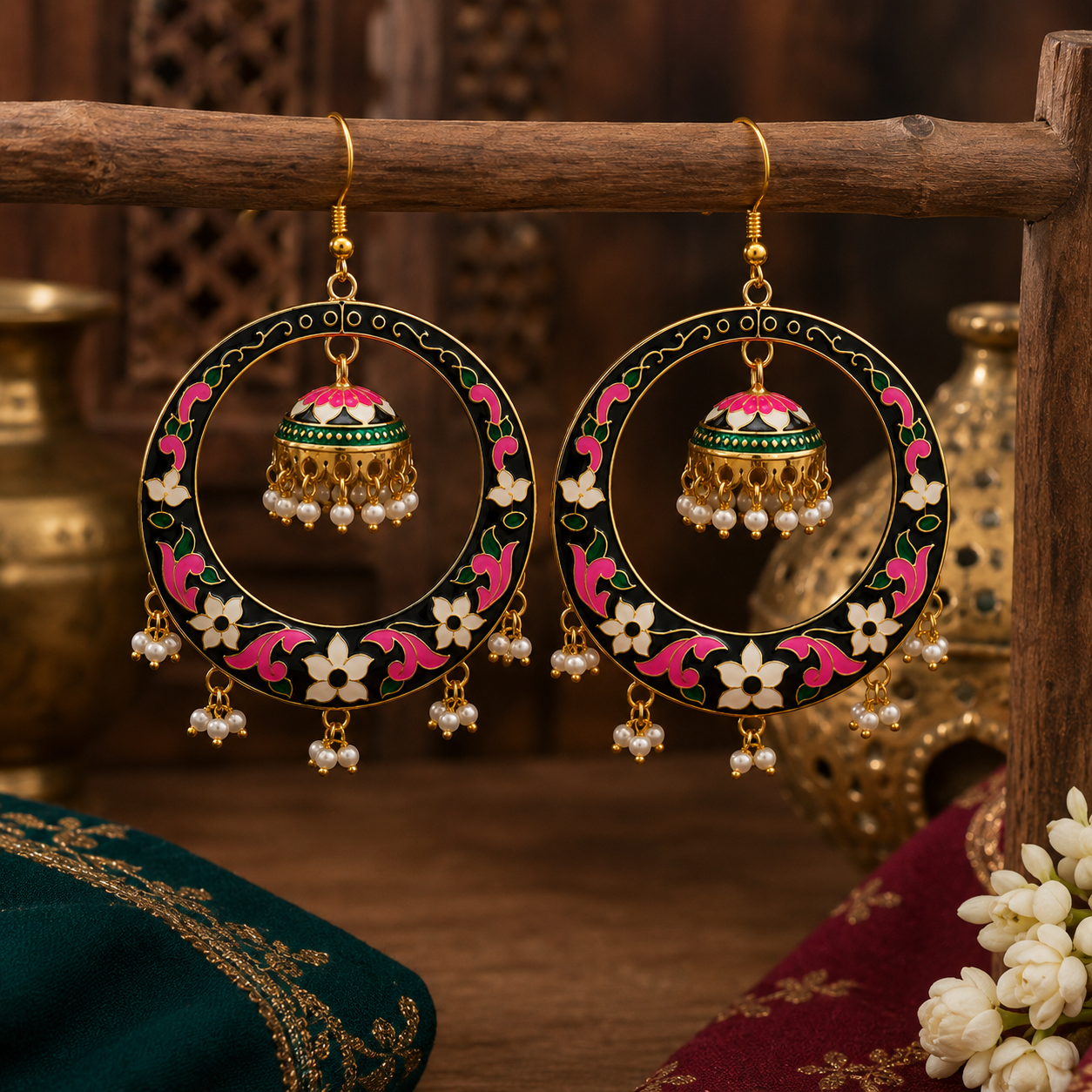 Meenakari Black Jhumka Hoop Earrings with Pearl Drops
