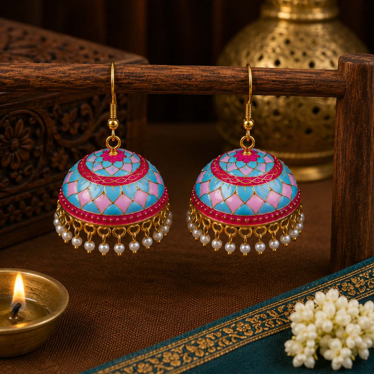 Ethnic Blue Meenakari Jhumka Earrings with Pearl Drops